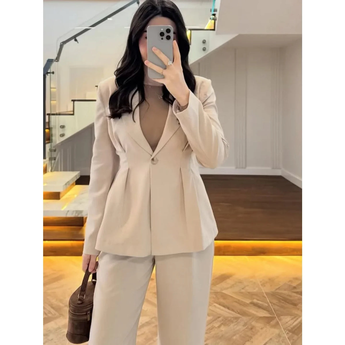 Khaki Women's 2 Piece Pants Suit Elegant Tailored Fit Blazer Set Formal Business Office Wear Long Sleeve Evening Customized