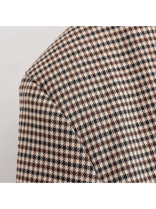 Women Khaki Plaid Blazer Jacket Y2k 2000s Vintage Office Ladies Suit Coat Long Sleeve Double Breasted Oversize Outerwear Autumn