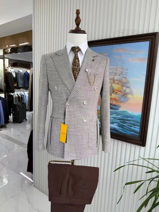 Men Double Breasted Plaid Suit 2 Pieces Wedding Groom Sets Elegant Premium Men's Slim Fit Suit Set For Business Party Tuxedo