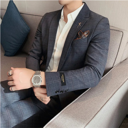 (Jacket+Pant) 2023 Latest Design Check Men Suit Groom Wedding Stage Tuxedos Best Costume Men Business Social Suits 2 Piece Set