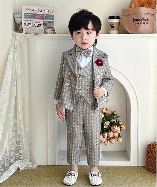 Boys Double-breasted Plaid Suit Set For Wedding Children's Jacket Vest Pants Bowtie Brooch 5Pieces Winter Performance Costume