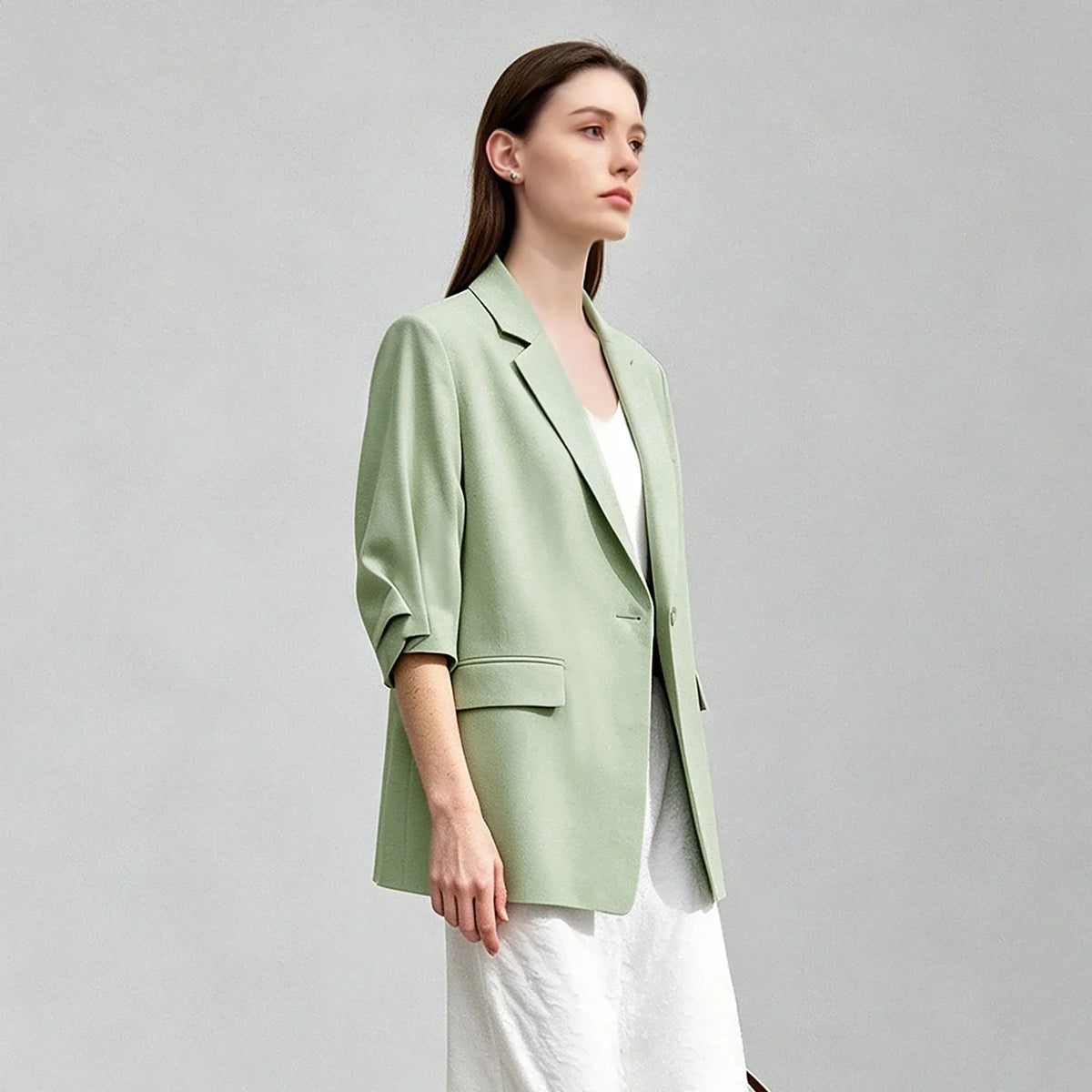 Women's Blazer 2026 Summer New Notch Lapel Linen Blend Pleated Half Sleeve Jacket Casual Office Midi Length Coat 12642184