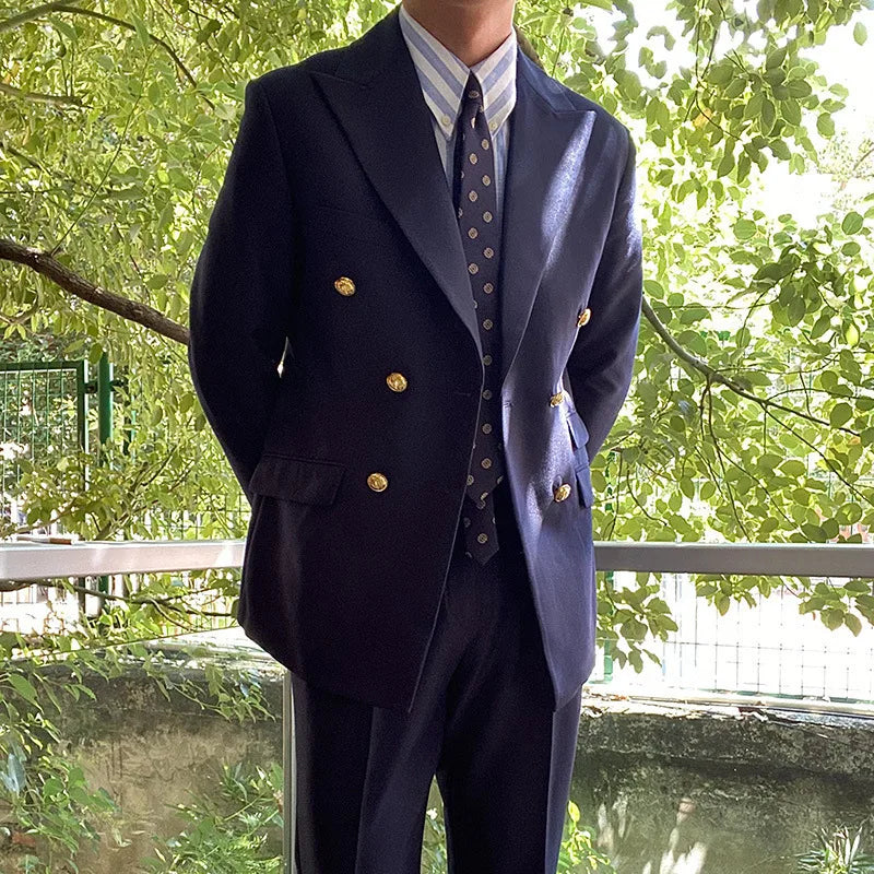 Double Gold Button 1 Piece Navy blue Jacket Wedding Groom Tuxedos Peak Lapel Design Blazer For Men Fashion Custom