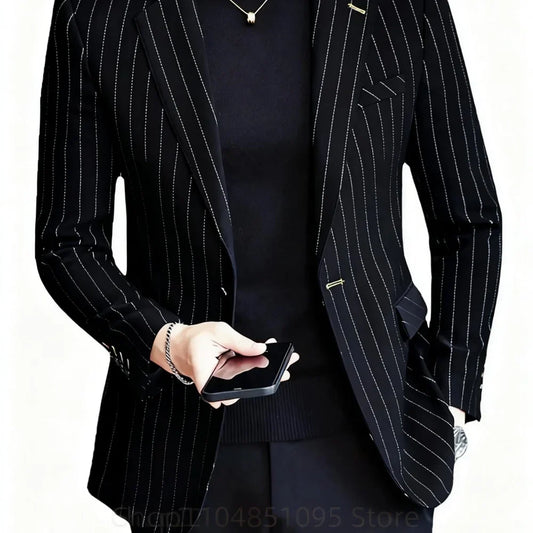 Elegant Blue Navy Men's Striped Business Blazer Slim Fit Tuxedo Casual Wedding Suit Peak Lapel Single Breasted Jacket