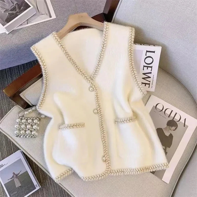 Spring And Autumn Annals Female New V-neck Knitted Mink Velvet Vest Women Xiaoxiangfeng Sweater V-neck Vest Shoulder Tops Jacket