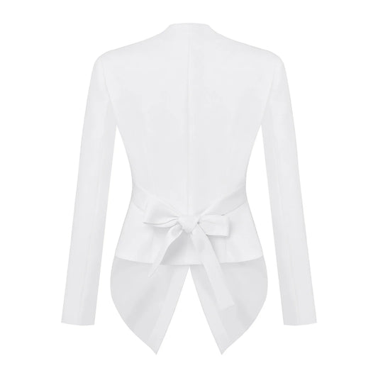 Women Solid Color Blazer V Neck Long Sleeve Padded Shoulders Belted Waist Button Pointed Hem Jacket Coat Office Lady Outerwear