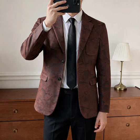 Men's Embossed Suede Blazer Smart Casual Single Breasted Jacket for Everyday Wear