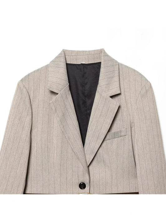 Women Khaki Striped Blazer Jacket Y2k 2000s Vintage Suit Coat Long Sleeve Single Breasted Oversize Outerwear Spring Autumn 2025
