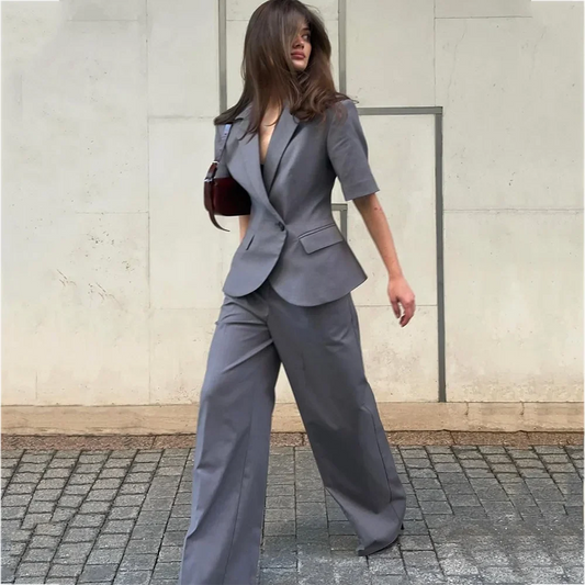 Women Gray Short Sleeve Suit 2 Pieces Set Notched Lapel Jacket Pants Elegant Office Business Lady Party Daily Casual Outfit Set