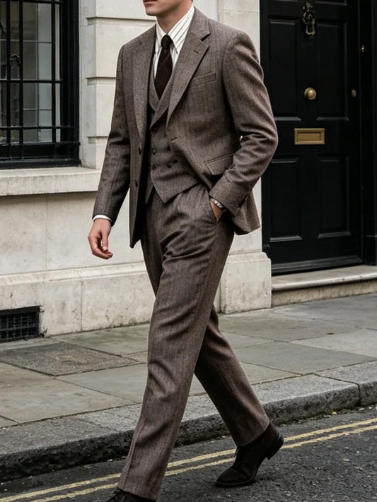 Men's Tweed Herringbone 3-Piece Suit – Slim Fit Wedding & Formal Wear
