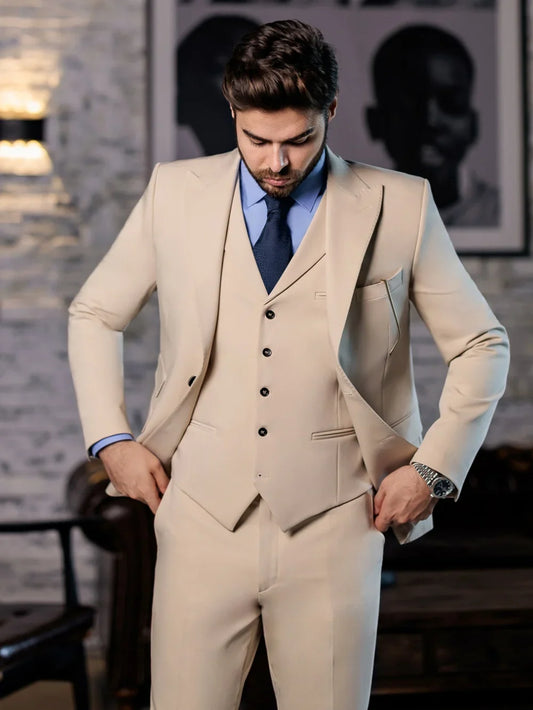 2027 New Men's Slim Fit Suit Set 3 Pieces Business Outfit Classic Formal Peak Lapel Tuxedo Wedding Groom Sets Plus Size Suits