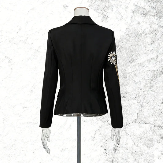 Spring Autumn New Women Blazer Beaded Studded Diamonds Chain Notched Collar Double Breasted Slim Fit Elegant Jacket HK16317