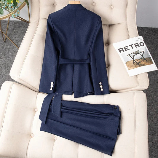 Autumn Winter New Women's Blazer Suit Trousers Two Piece Outfit 2025 New Fashion Lace Up Jacket and Pant Sets Office Wear