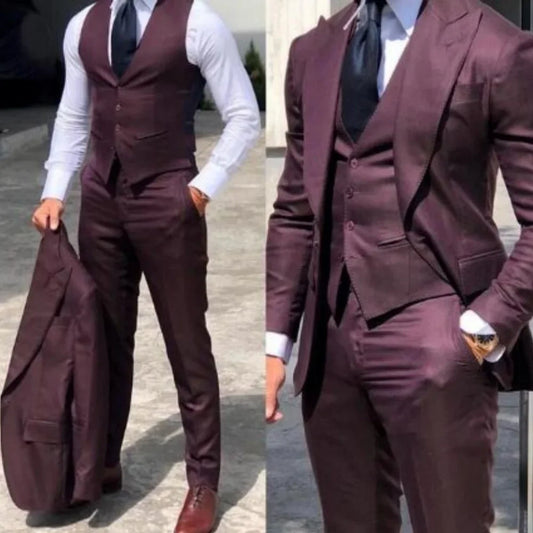 3PCS Men's Formal Tuxedo Set with Peaked Lapel Blazer Vest Pant Fashion Business Suits For Party Wedding Groom
