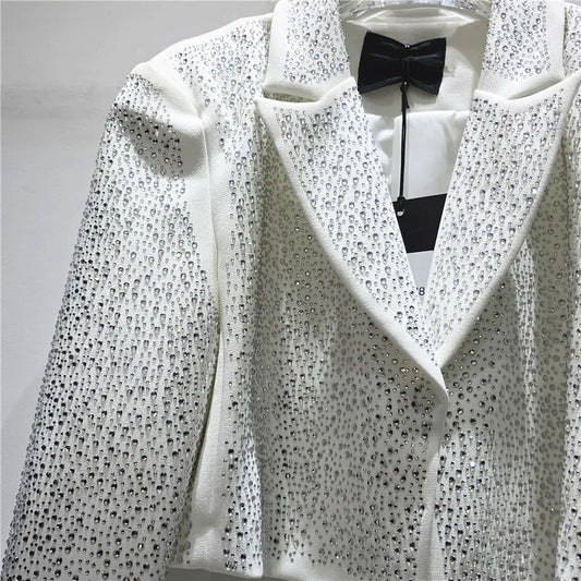 Women Short Blazer Trend Heavy Diamonds Shoulder Pad Design Niche Stylish Elegant High Street Long Sleeve Suit-Coat HK26338