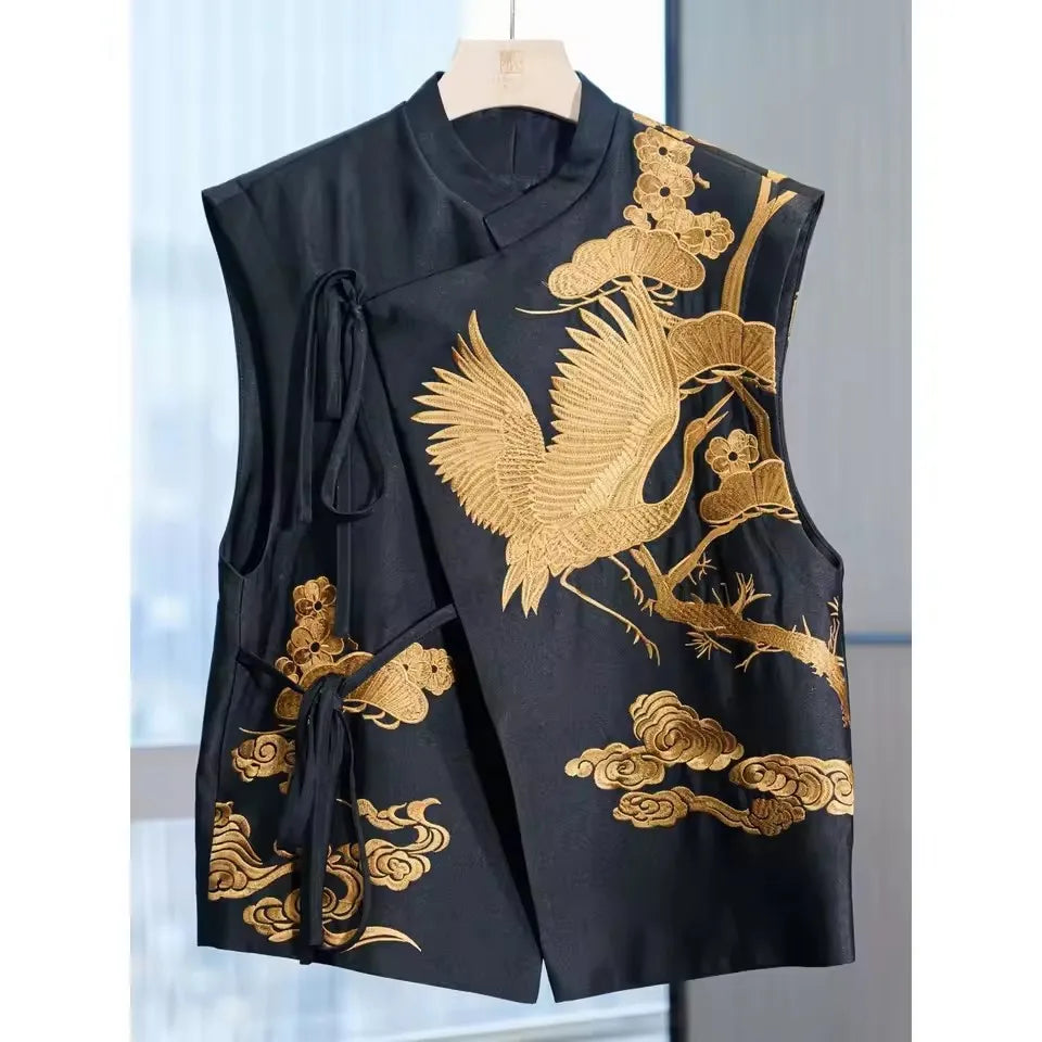 Vintage Chinese Style Vest Outerwear White Crane Embroidered Lacing Waistcoat 2025 Spring Summer Elegant Women's Clothing