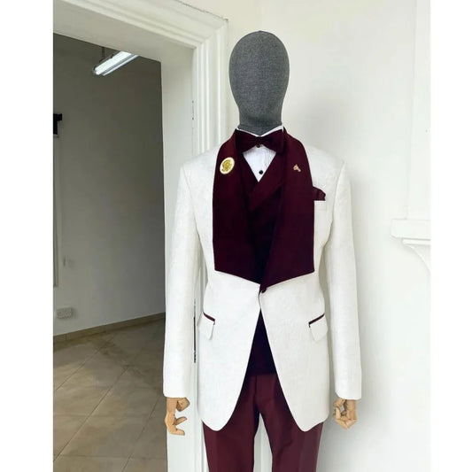 Formal Suits White Costume For Men Wedding Coat Burgundy Shawl Lapel Three Piece Jacket Pants Vest Slim Fit Hombre