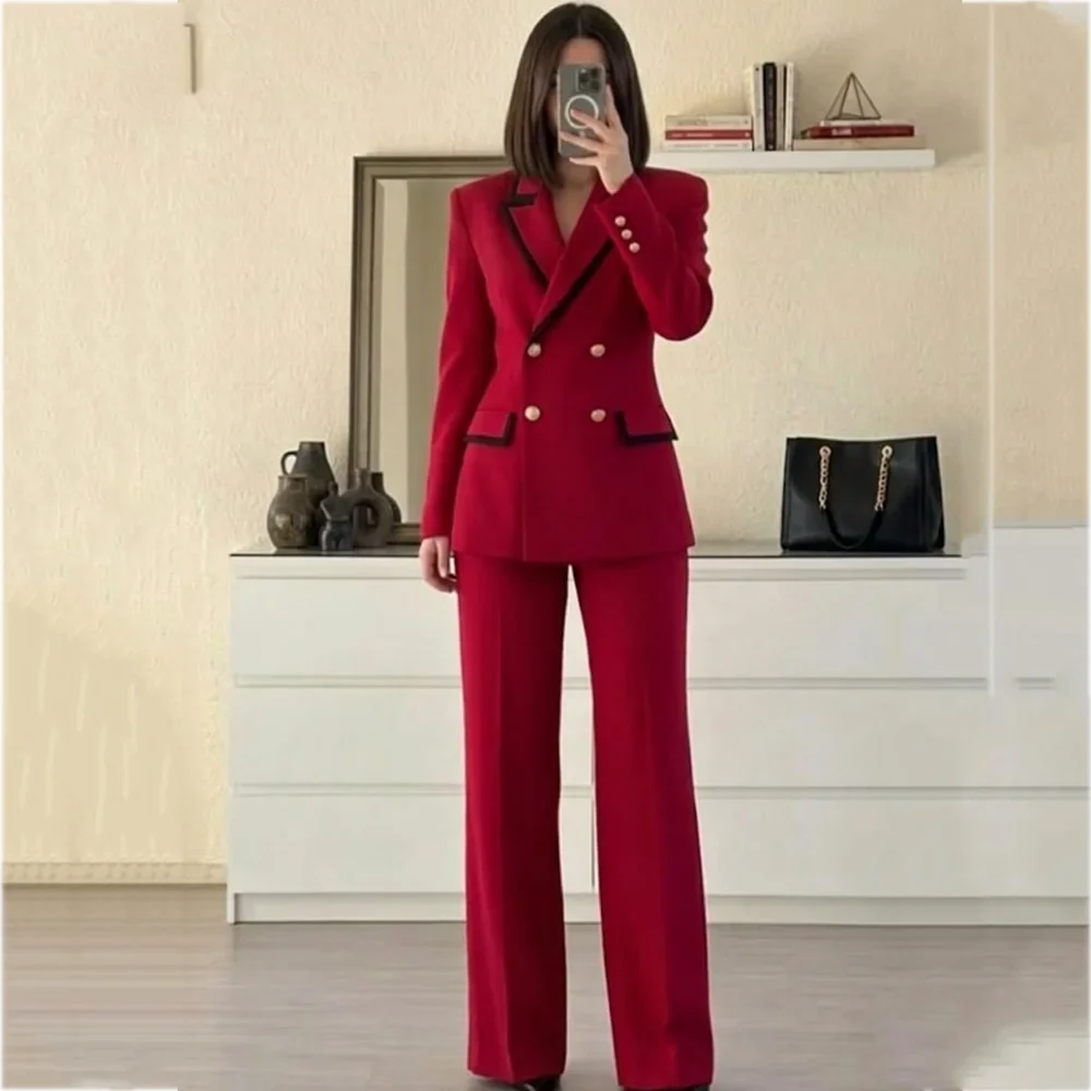 Elegant Women Double Breasted Suit Black Trim Lapel Slim Fit Pants Set 2 Pieces Business Wedding Guest Formal Party Outfit