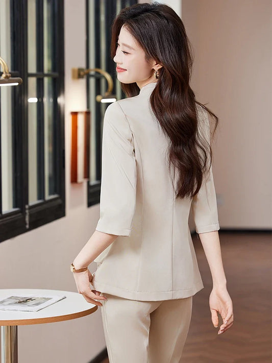 Women's mid-sleeved suit, two-piece pants + blazer, high-quality fabric, soft and comfortable, exquisite and elegant