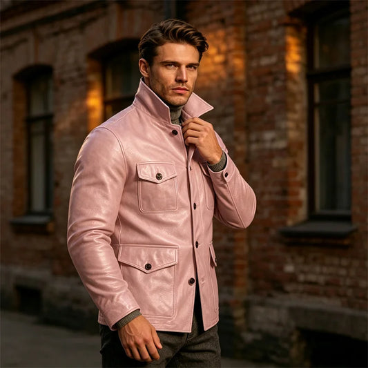 Men's Vintage Fake leather Jacket Multi Pocket Stand Up Collar Single Breasted Coat Casual Daily Work Biker Autumn Outerwear