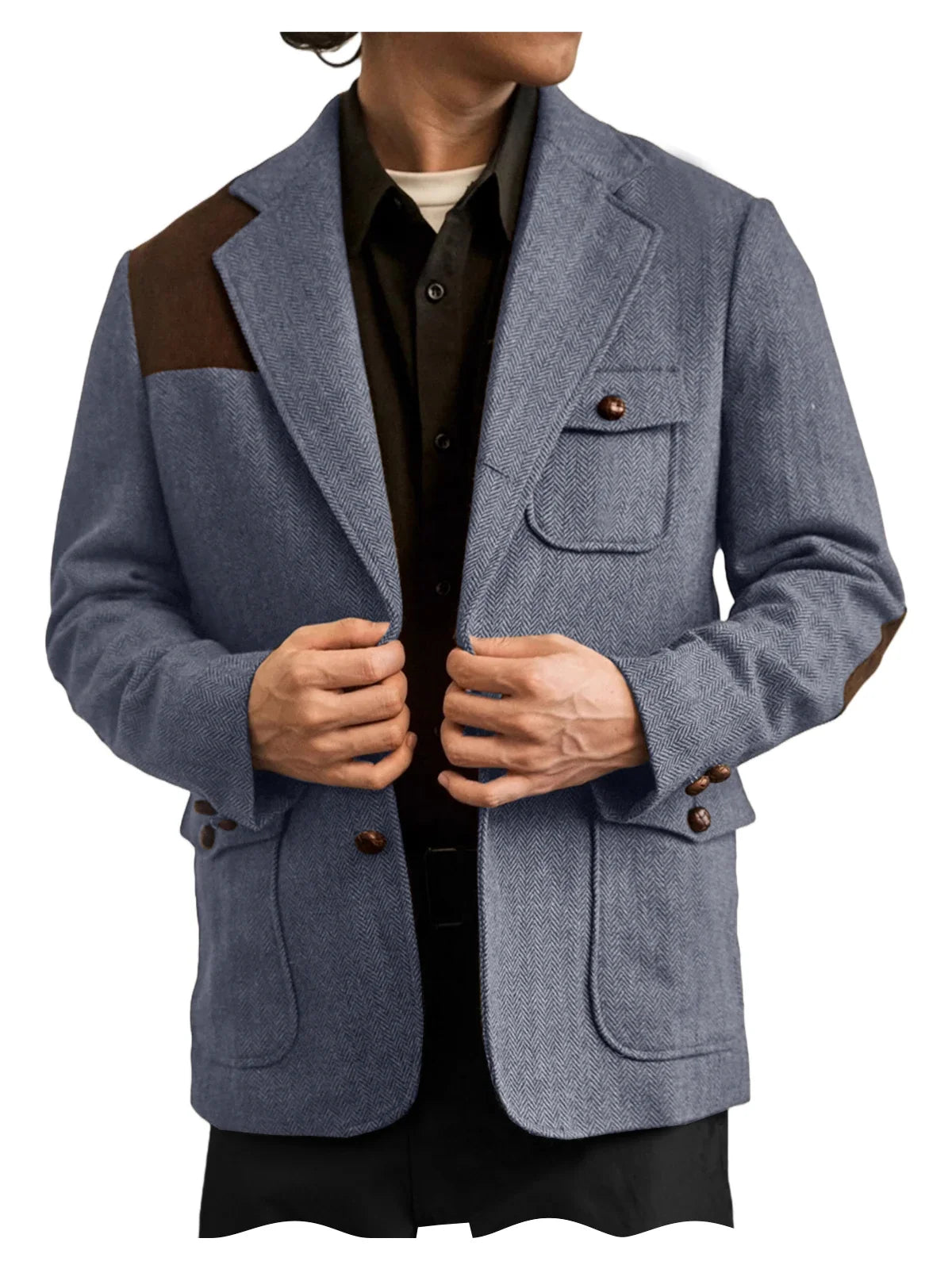 Men's Herringbone Tweed Blazer Shoulder Patchwork Suede Notch Lapel Suit Jacket Classic Fit Casual Business Vintage Sport Coat