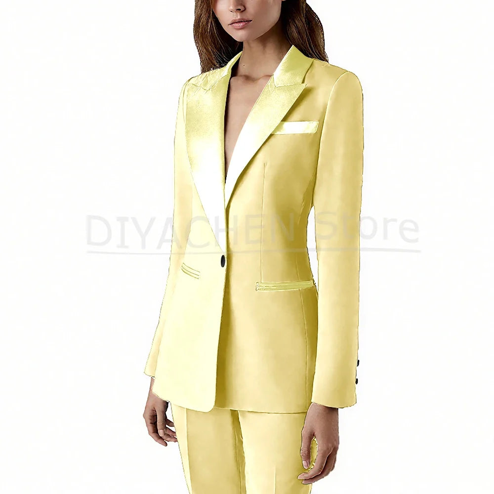 Pants Sets 2 Piece Fashion Satin Peak Lapel Single Button Solid Color Outfits Chic Casual Slim Daily Office Women's Suit