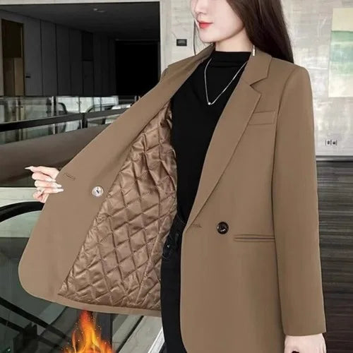 Women's Short Suit Jacket Thickened Cotton Korean Style Long Sleeve Daily Wear Polyester Fiber Short Length Mid-Length