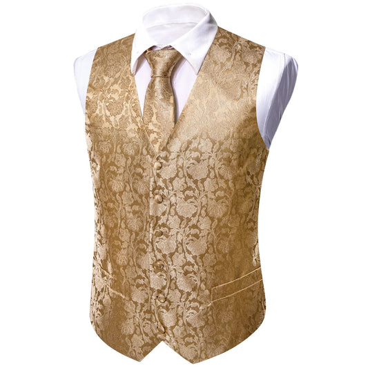 Men's Vest 5-Piece Set with Tie, Square, Cufflinks & Ring – Pale Gold Floral V-Neck for Prom & Banquet
