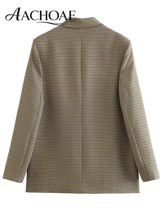 Women Plaid Blazer Vintage Houndstooth Jacket Office Lady Business Casual Oversized Suit Coat Workwear Outerwear