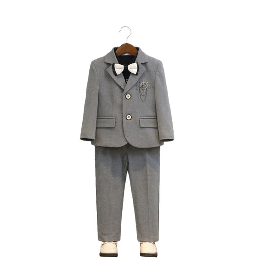 Flower Boys 5Pieces Wedding Outfit Set With Blazer Vest Pants Bowtie Brooch Kids Piano Host Speech Chrous Performance Costume