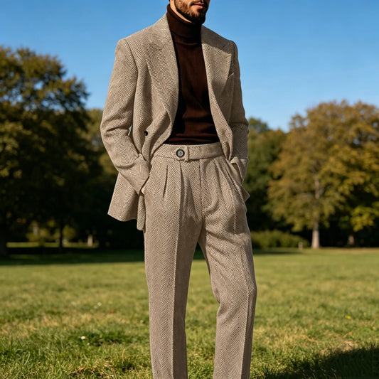 Men's Herringbone Suit 2-Piece Set – Double Breasted Blazer & Trousers for Wedding & Business