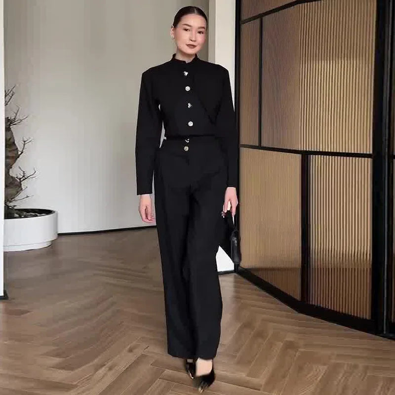Casual Denim Pants Suits Women Slim Short Sleeves Stand Collar Waist-cinching Tops Wide-leg Trousers 2026 New Lady Spring Outfit