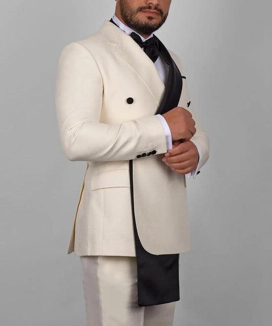 Beige Fashion Style 2 Piece Men Wedding Suits Slim Fit Double Breasted Blazer Business Groom Tuxedos Party Prom Costume Homme