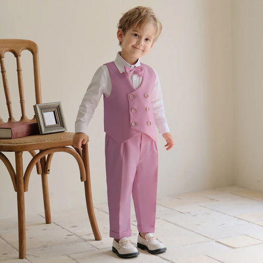 Kids Double-Breasted Vest Suit Set Flower Boys Wedding Dress Children's Vest Pants Bowtie Brooch 4Pieces School Clothes Set