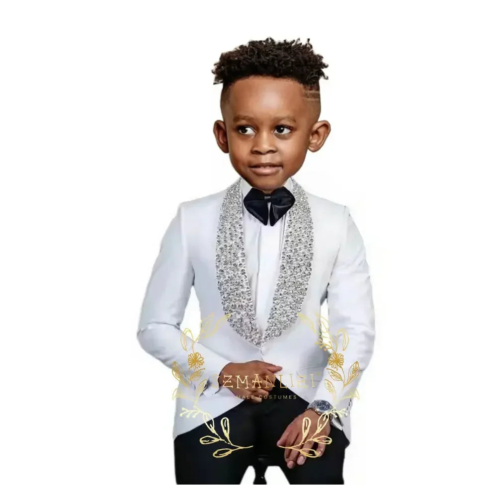 Wedding Boy Suits Tuxedos High Quality Flower Boy Wear Beadding Crystal Shawl Lapel Formal Kids Suit Blazer Pants