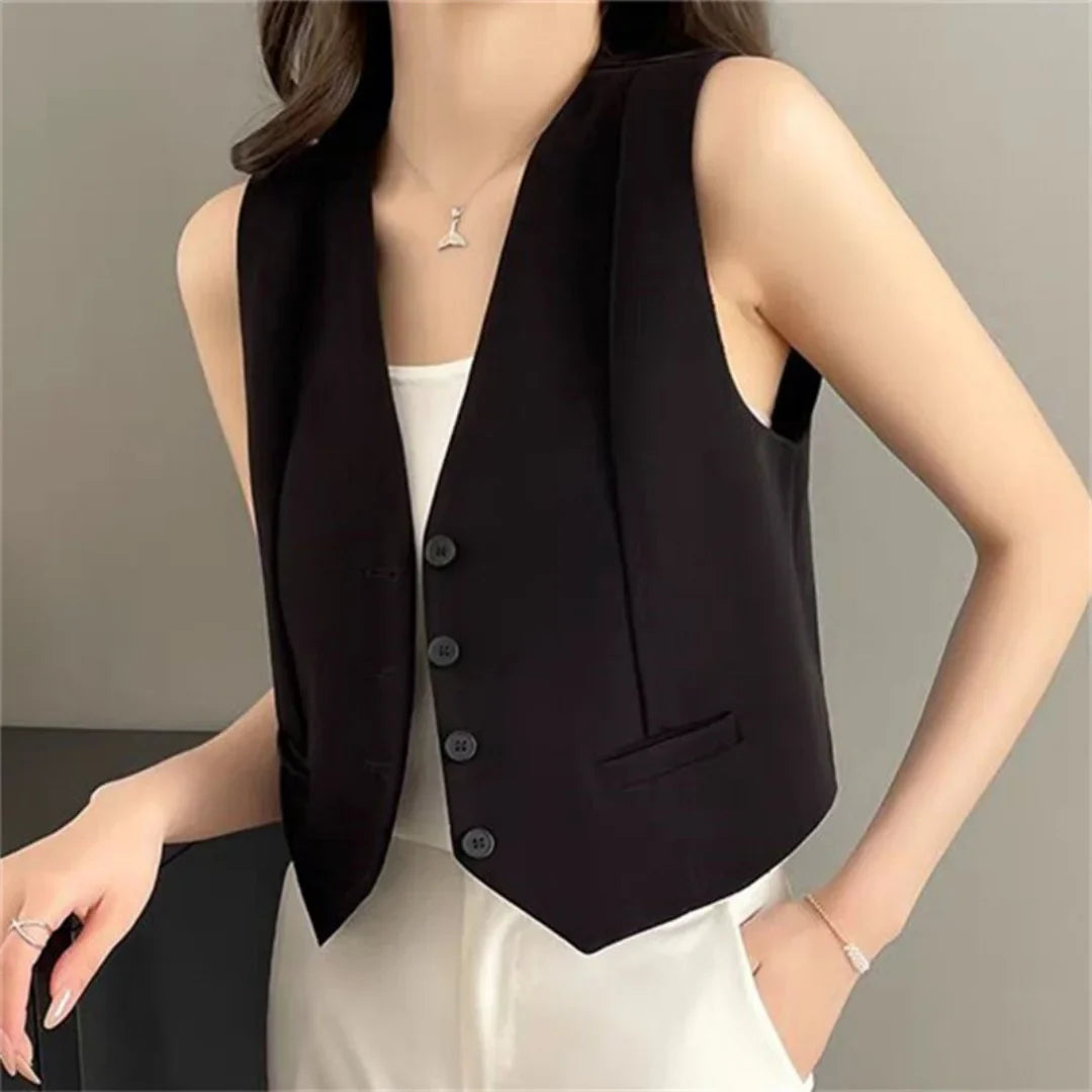 Women Fashion Solid Suit Vest Elegant Sleeveless V-neck Cropped Waistcoat Top Vests Summer Casual Office Lady Chic Loose Jackets