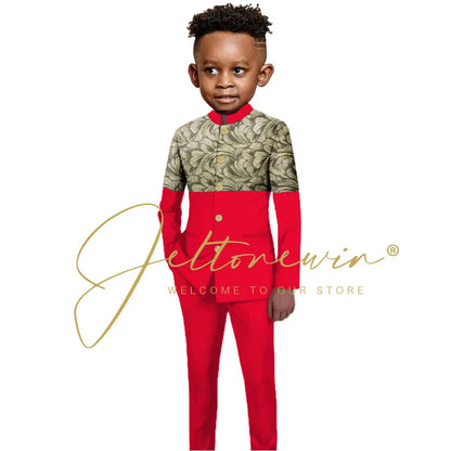 African Style Boys Suit Burgundy Gold Floral Jacket Pants 2 Piece Set Stand Collar Blazer Wedding Tuxedo Kids Formal Party Dress