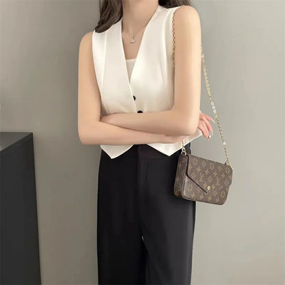 Women Fashion Solid Suit Vest Elegant Sleeveless V-neck Cropped Waistcoat Top Vests Summer Casual Office Lady Chic Loose Jackets