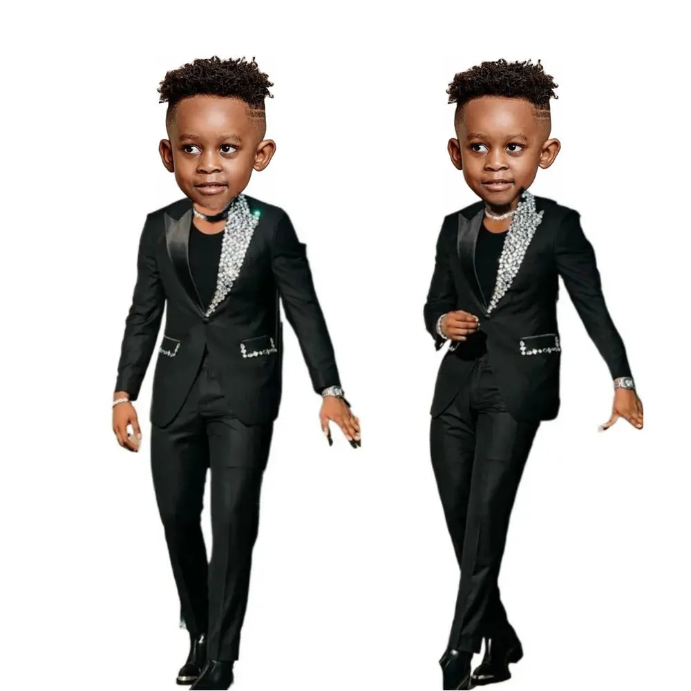 Wedding Boy Suits Tuxedos High Quality Flower Boy Wear Beadding Crystal Shawl Lapel Formal Kids Suit Blazer Pants