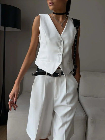 Women's White Suit Vest Formal Waistcoat V Neck Slim Fit Sleeveless Blazer Jacket Office Business Dinner Attire Lady Elegant Top