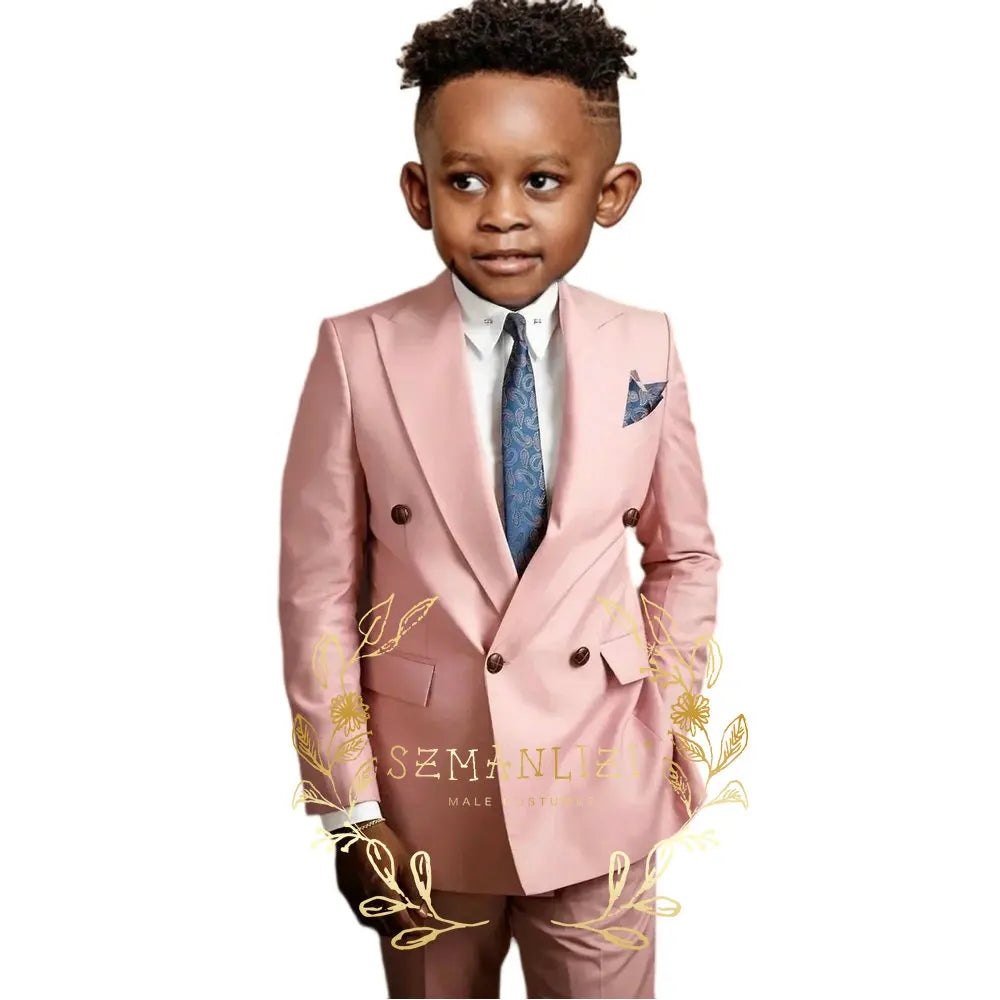 Casual Boys Suit Double Breasted Pink Wedding Tuxedo Kids Blazer Pants 2 Piece Peaked Lapel Fashion Party Clothes