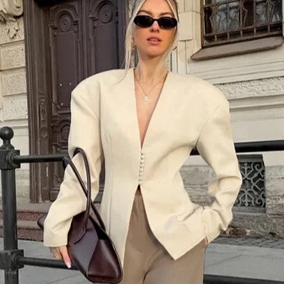 Women Blazer Jacket Fitted Long Sleeve Blazer Button Front V Neck Cream Business Casual Office Elegant Jacket