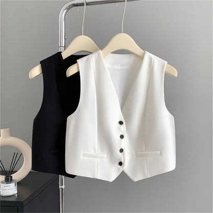 Women Fashion Solid Suit Vest Elegant Sleeveless V-neck Cropped Waistcoat Top Vests Summer Casual Office Lady Chic Loose Jackets