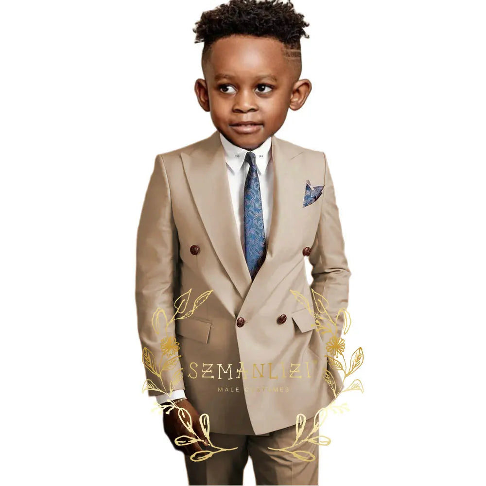 Casual Boys Suit Double Breasted Pink Wedding Tuxedo Kids Blazer Pants 2 Piece Peaked Lapel Fashion Party Clothes