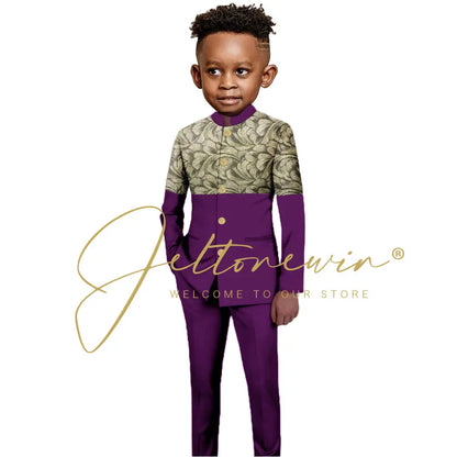African Style Boys Suit Burgundy Gold Floral Jacket Pants 2 Piece Set Stand Collar Blazer Wedding Tuxedo Kids Formal Party Dress