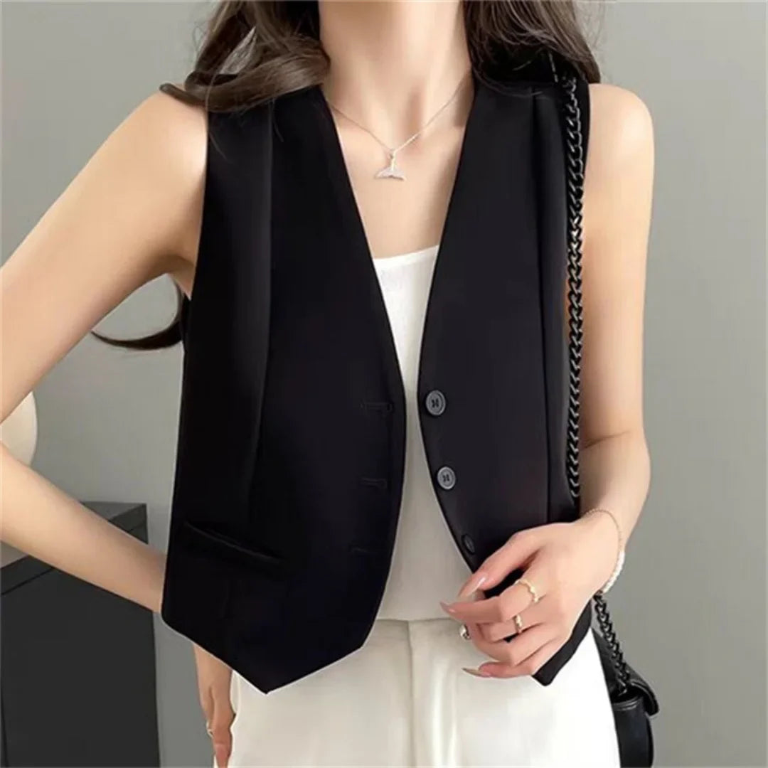 Women Fashion Solid Suit Vest Elegant Sleeveless V-neck Cropped Waistcoat Top Vests Summer Casual Office Lady Chic Loose Jackets