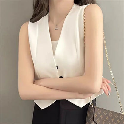 Women Fashion Solid Suit Vest Elegant Sleeveless V-neck Cropped Waistcoat Top Vests Summer Casual Office Lady Chic Loose Jackets