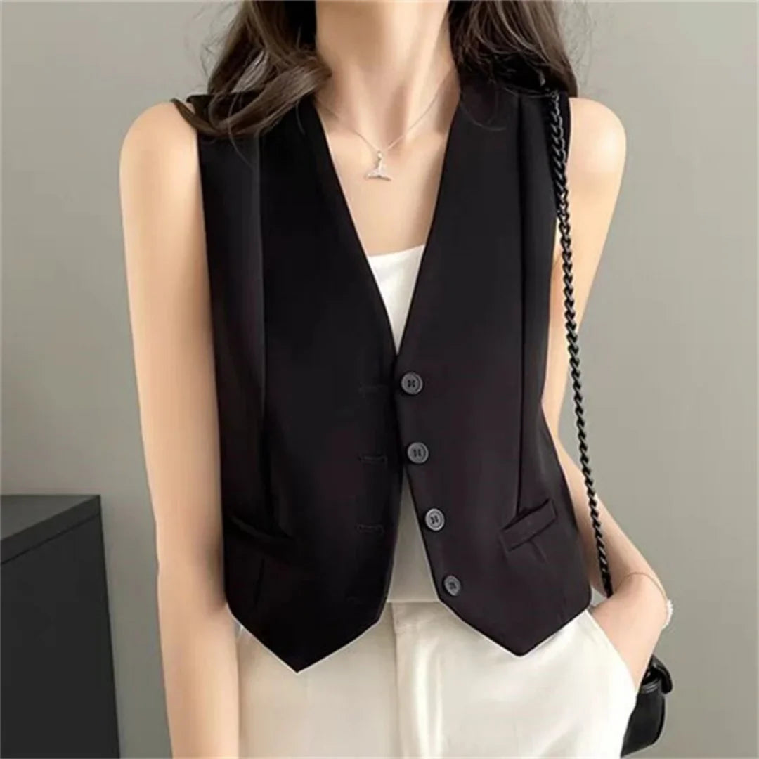 Women Fashion Solid Suit Vest Elegant Sleeveless V-neck Cropped Waistcoat Top Vests Summer Casual Office Lady Chic Loose Jackets