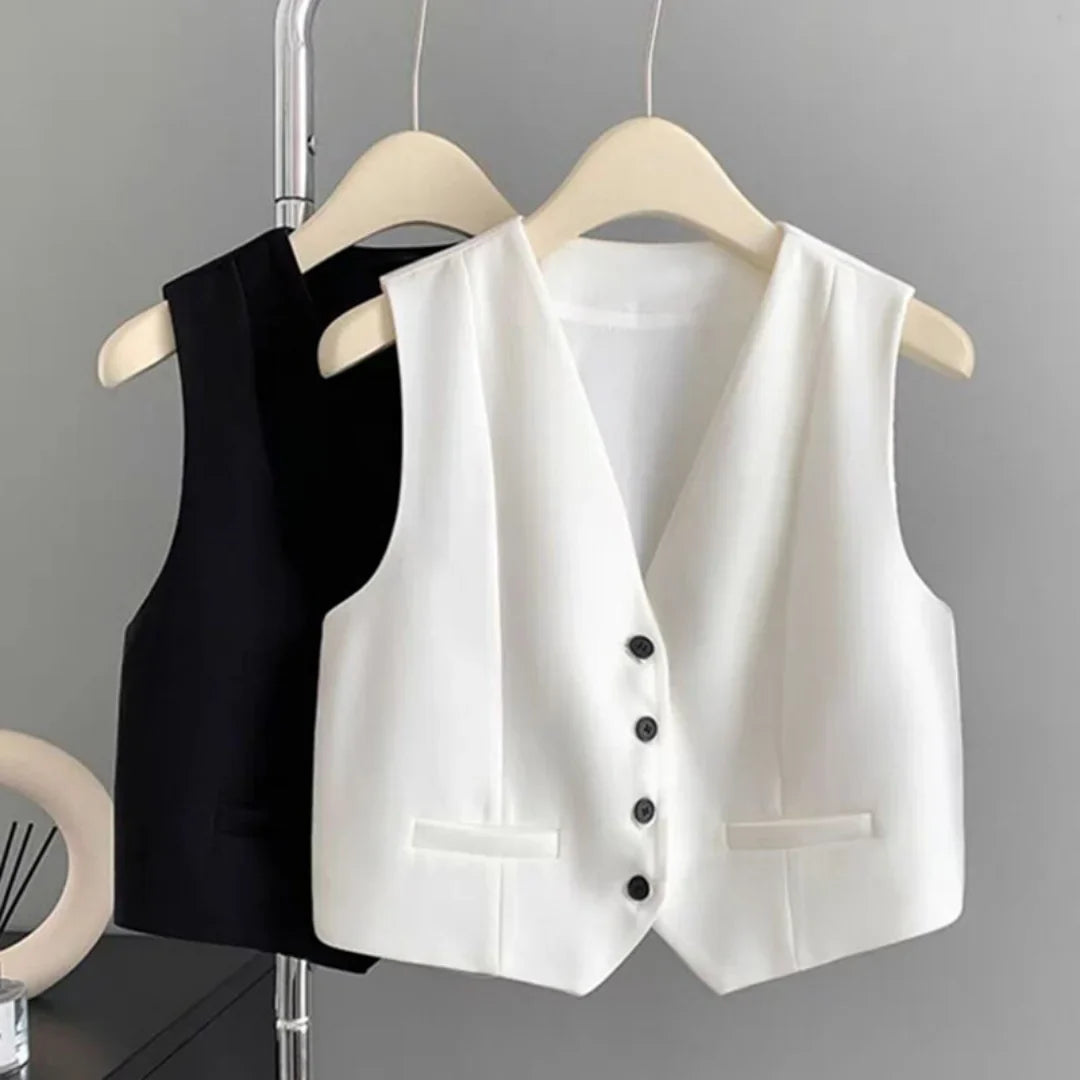 Women Fashion Solid Suit Vest Elegant Sleeveless V-neck Cropped Waistcoat Top Vests Summer Casual Office Lady Chic Loose Jackets