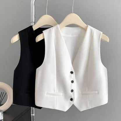 Women Fashion Solid Suit Vest Elegant Sleeveless V-neck Cropped Waistcoat Top Vests Summer Casual Office Lady Chic Loose Jackets
